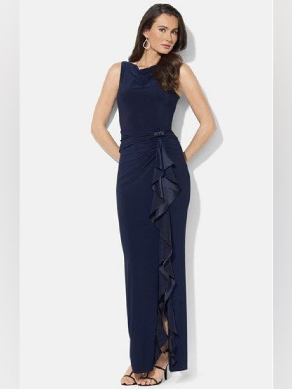 Lauren Ralph Lauren Navy Blue Ruched Evening Gown Ruffle Trim Side Slit Size 6